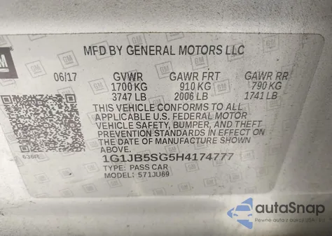 2017 Chevrolet Sonic Ls Auto z USA, uszkodzony, nr VIN 1G1JB5SG5H4174777